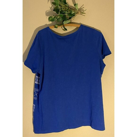 COPY - Talbots T-Shirt Top Size 1X Blue White Embroidered Short Sleeve Crew Nec… - Picture 4 of 7